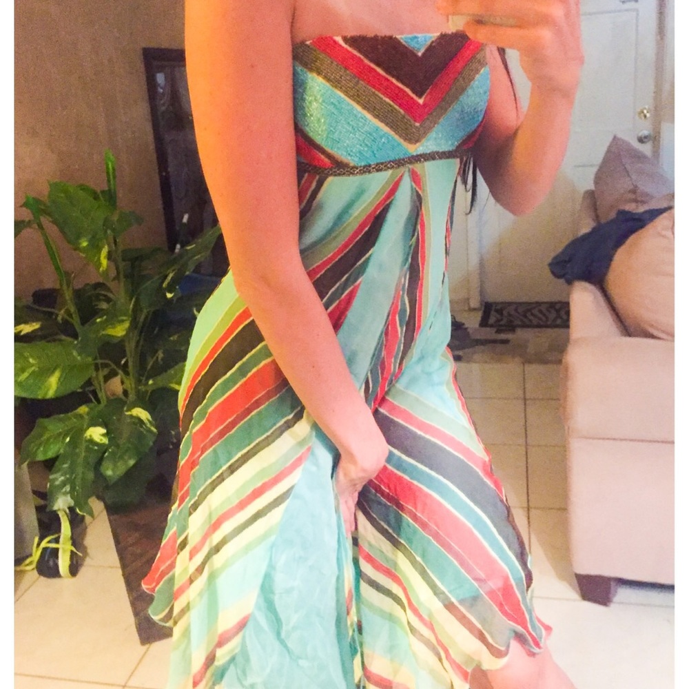 Beaded tribal Assym high low bright silk dress xs